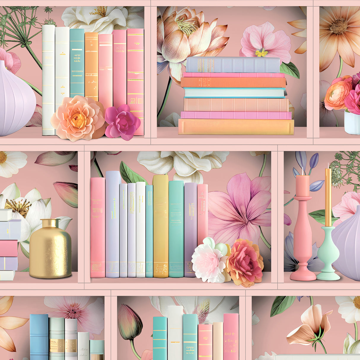 Blossom Shelves Pink wallpaper roll with pastel books and florals on pink shelves