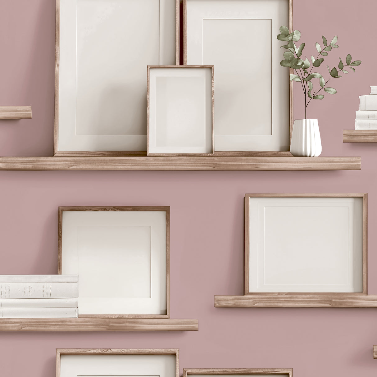 Frame Shelves Pink wallpaper roll with trompe l’oeil shelves and frames on pink background