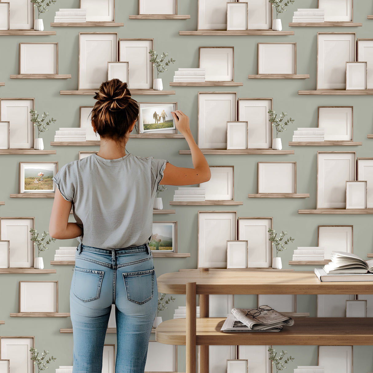 Frame Shelves Green by Veer Decor Trompe L’oeil Novelty Wallpaper – Veer Decor 8196-AG3