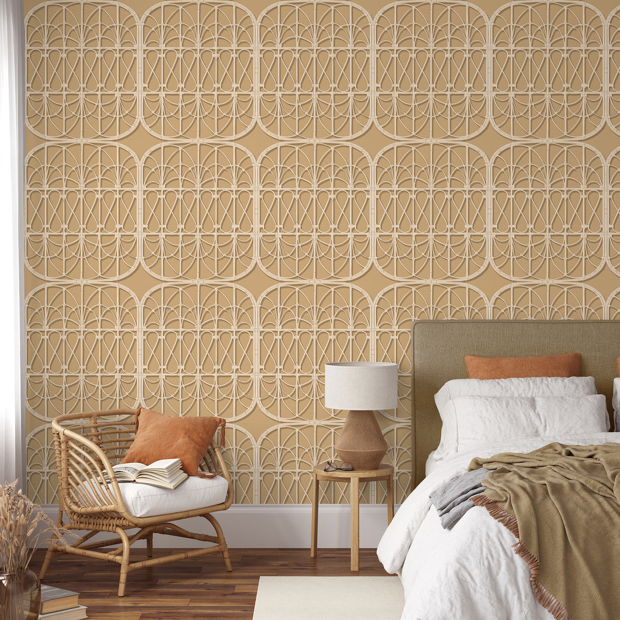 Lattice Rattan Panels Mustard by Veer Decor Non-Woven Unpasted Wallpaper – Veer Decor 8196-AH1