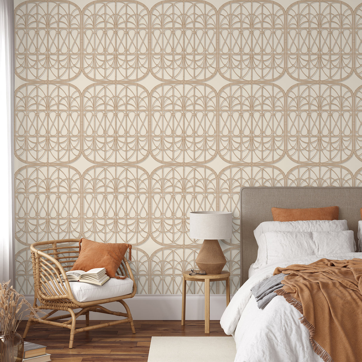 Lattice Rattan Panels Beige by Veer Decor Non-Woven Unpasted Wallpaper – Veer Decor 8196-AH2
