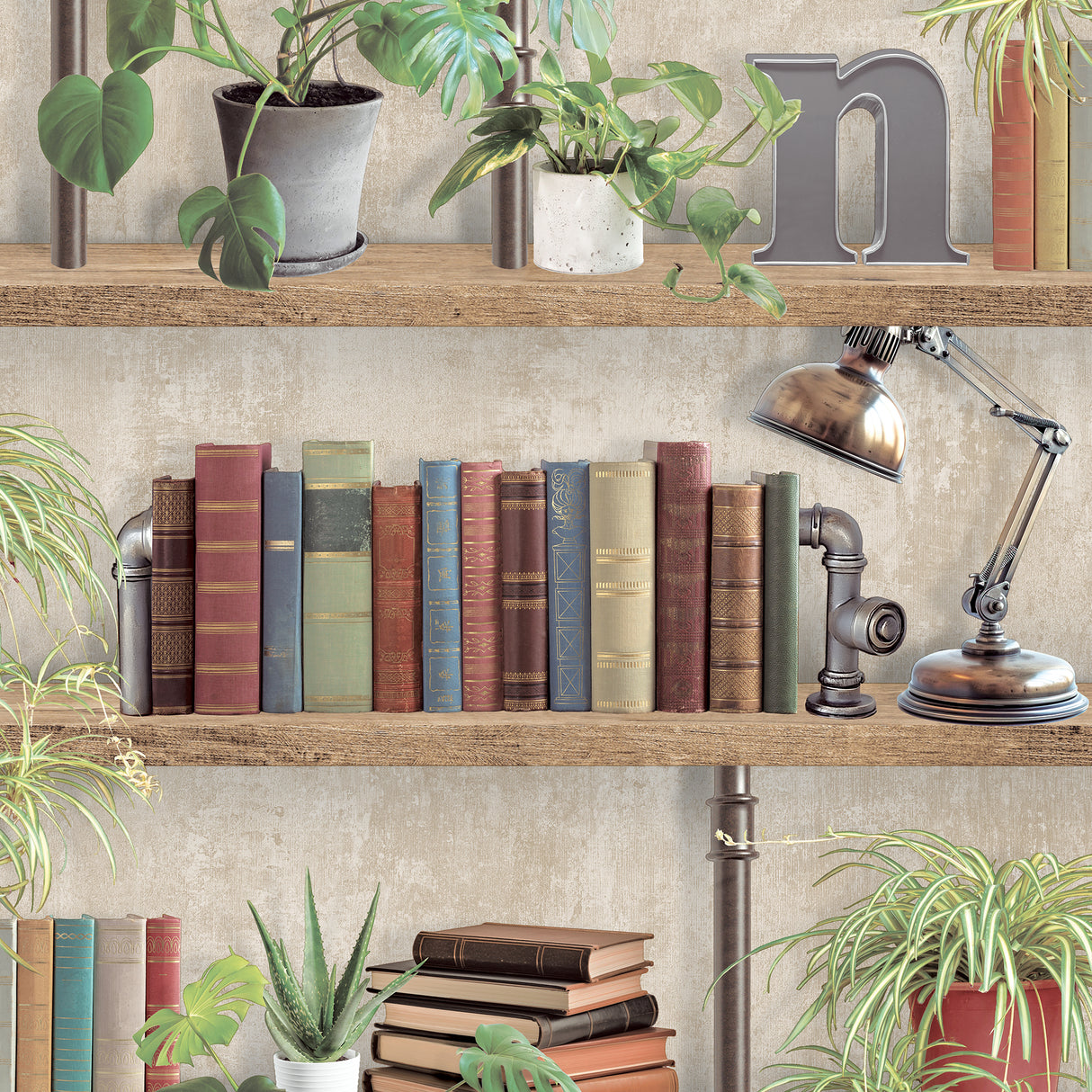 Industrial Book Nook Brown wallpaper roll showing bookshelf pattern with books, plants, and lamp