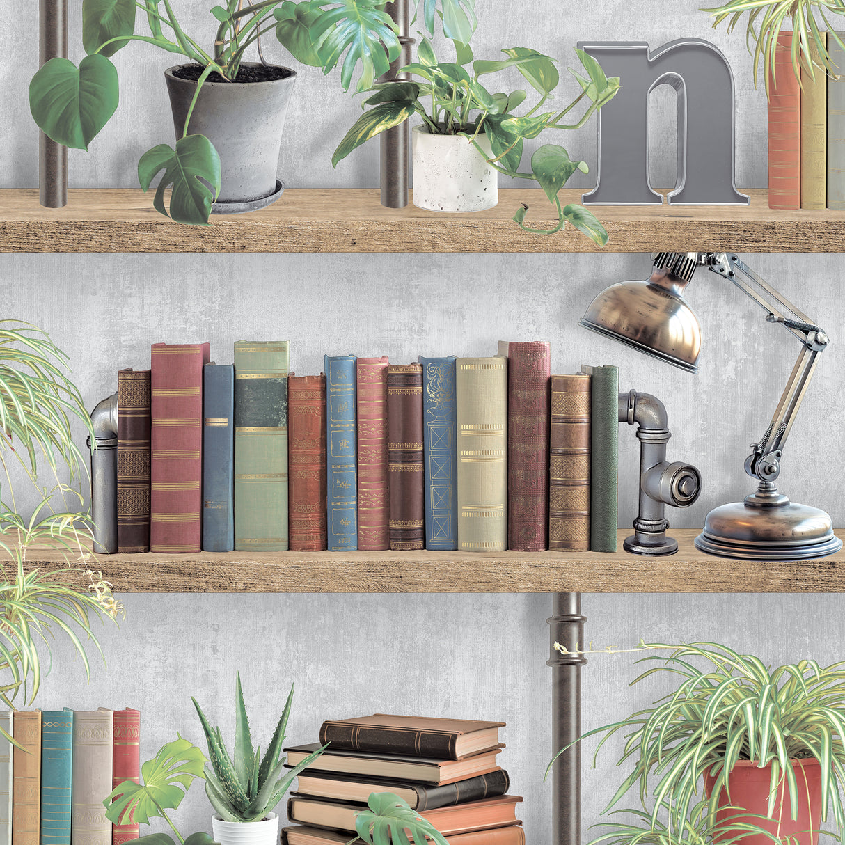 Industrial Book Nook Grey wallpaper roll with bookshelf motif of books, plants and lamp