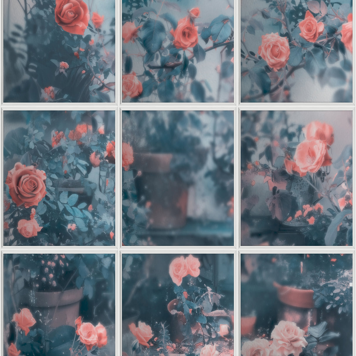 Rose Garden Window Trompe L'Oeil blue floral wallpaper roll with windowpane design