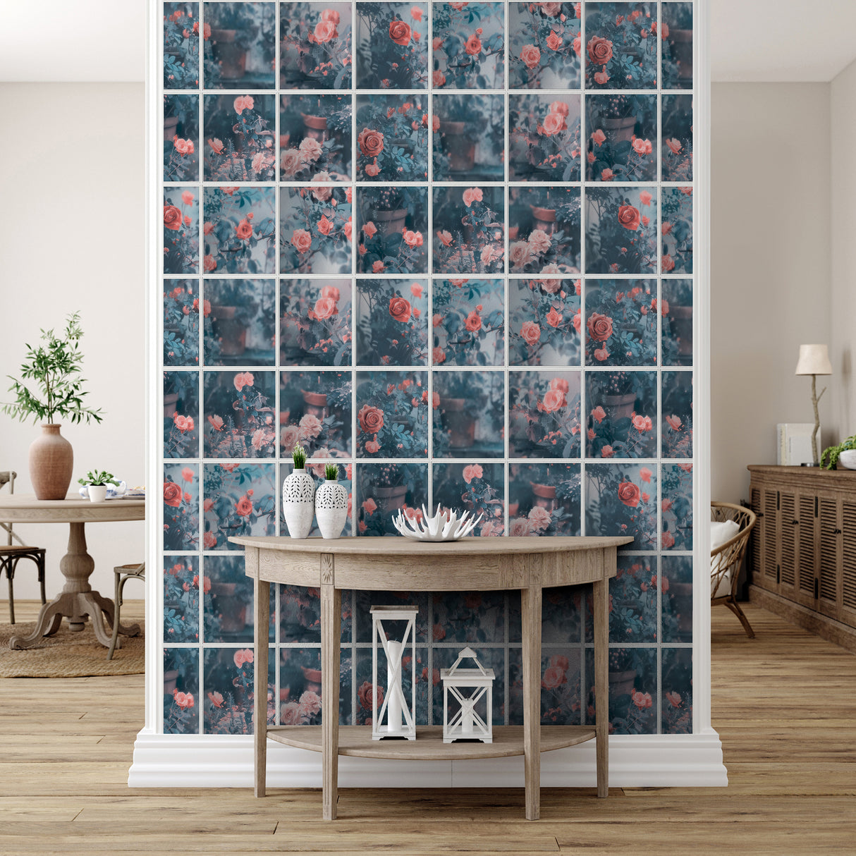 Rose Garden Window Blue by Veer Decor Trompe L'Oeil Floral Wallpaper – Veer Decor 8196-AN1