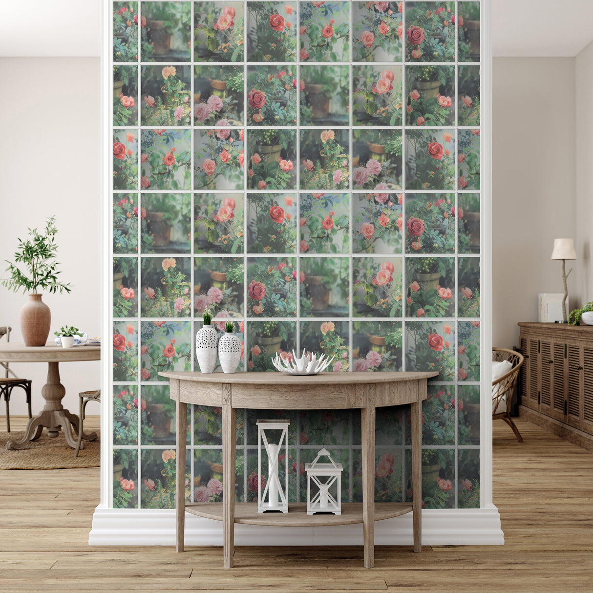 Rose Garden Window Green by Trompe L'Oeil Wallpaper – Veer Decor 8196-AN2