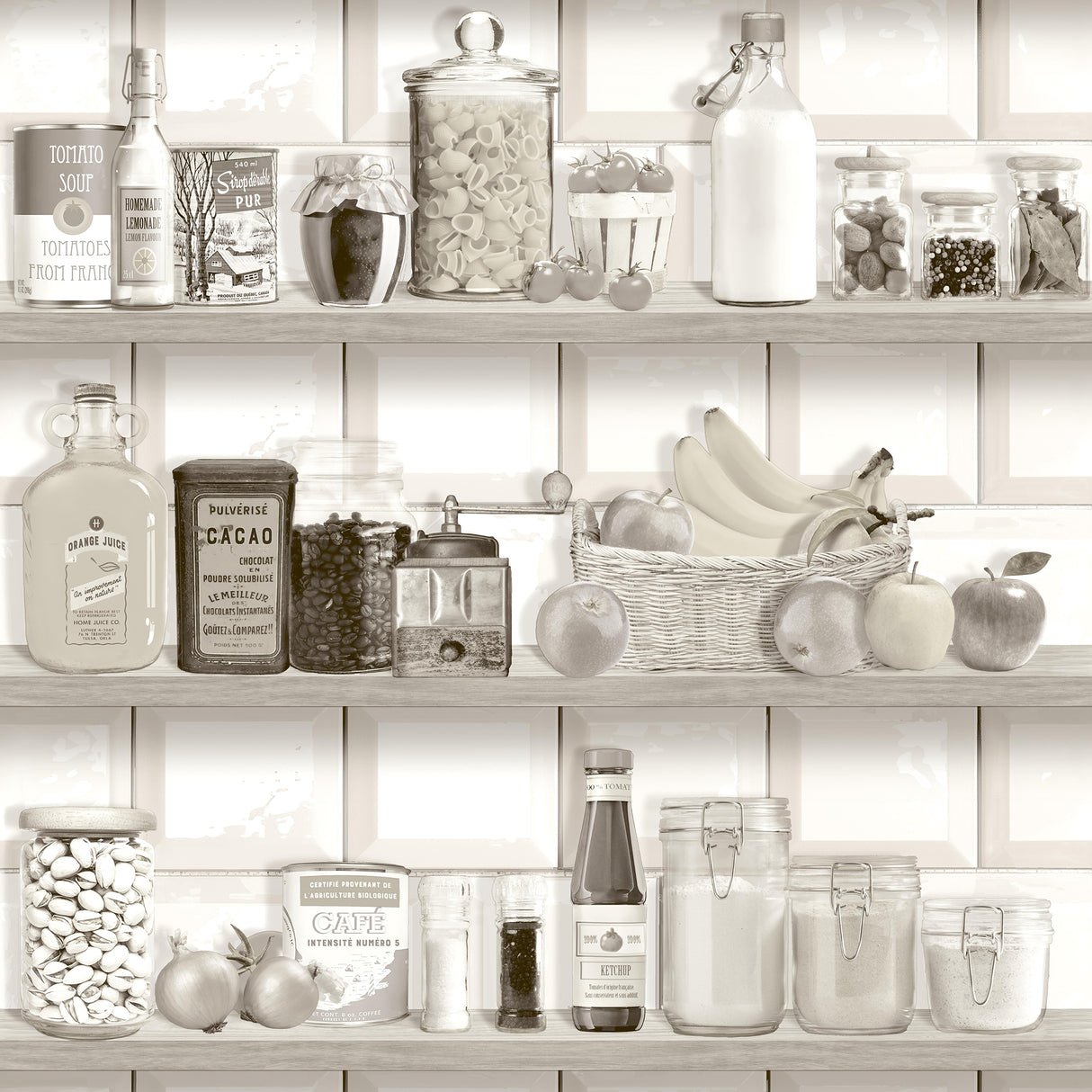 Kitchen Shelf Stories Sepia wallpaper roll showing pantry shelf motif in sepia tones