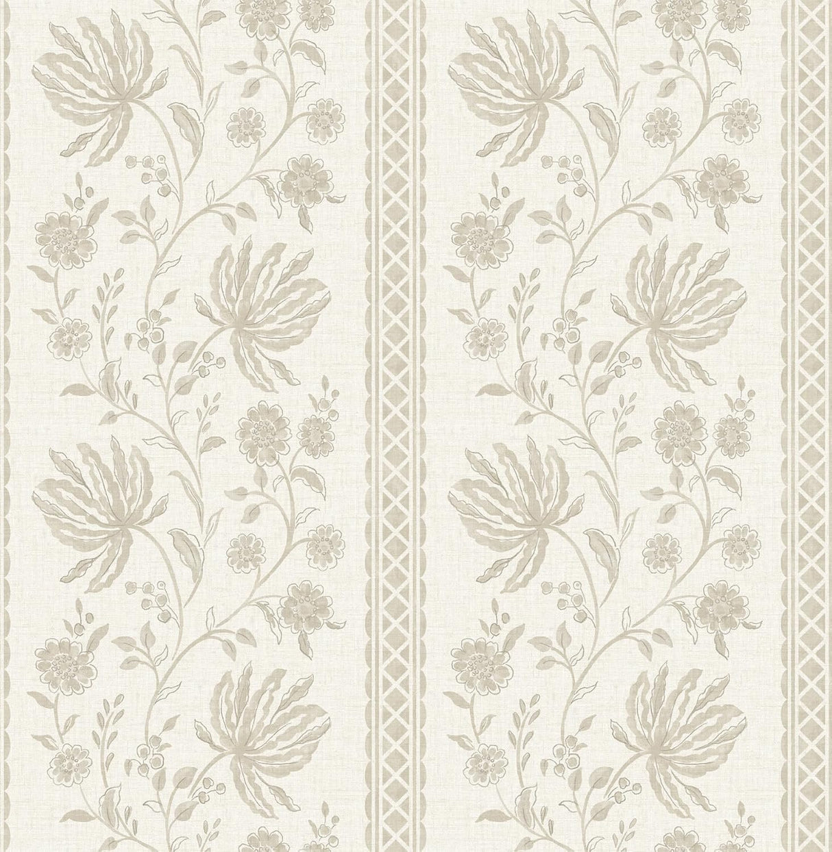 Edgemoor Taupe Jacobean Stripe Wallpaper roll and pattern