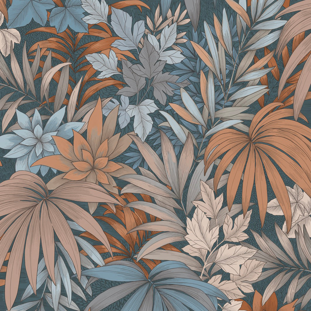 Allure Jungle Dark Blue tropical foliage wallpaper roll and room view