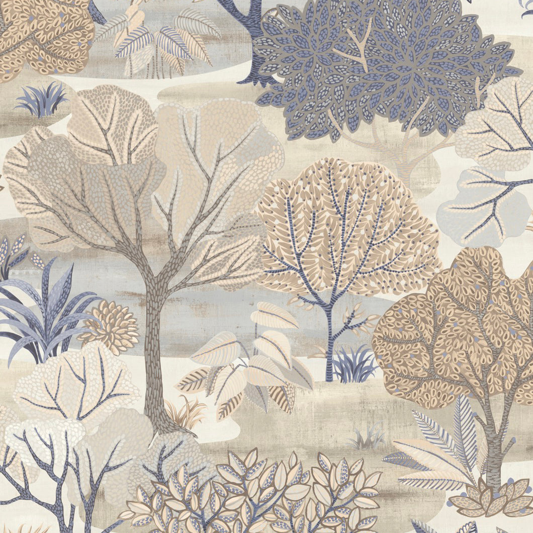 Allure Forest Beige textured non-woven wallpaper roll with layered tree motif