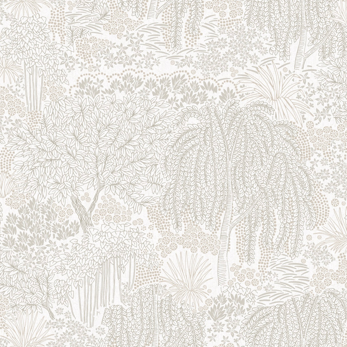 Willow Whisper White wallpaper roll showing hand-drawn willow trees and foliage pattern