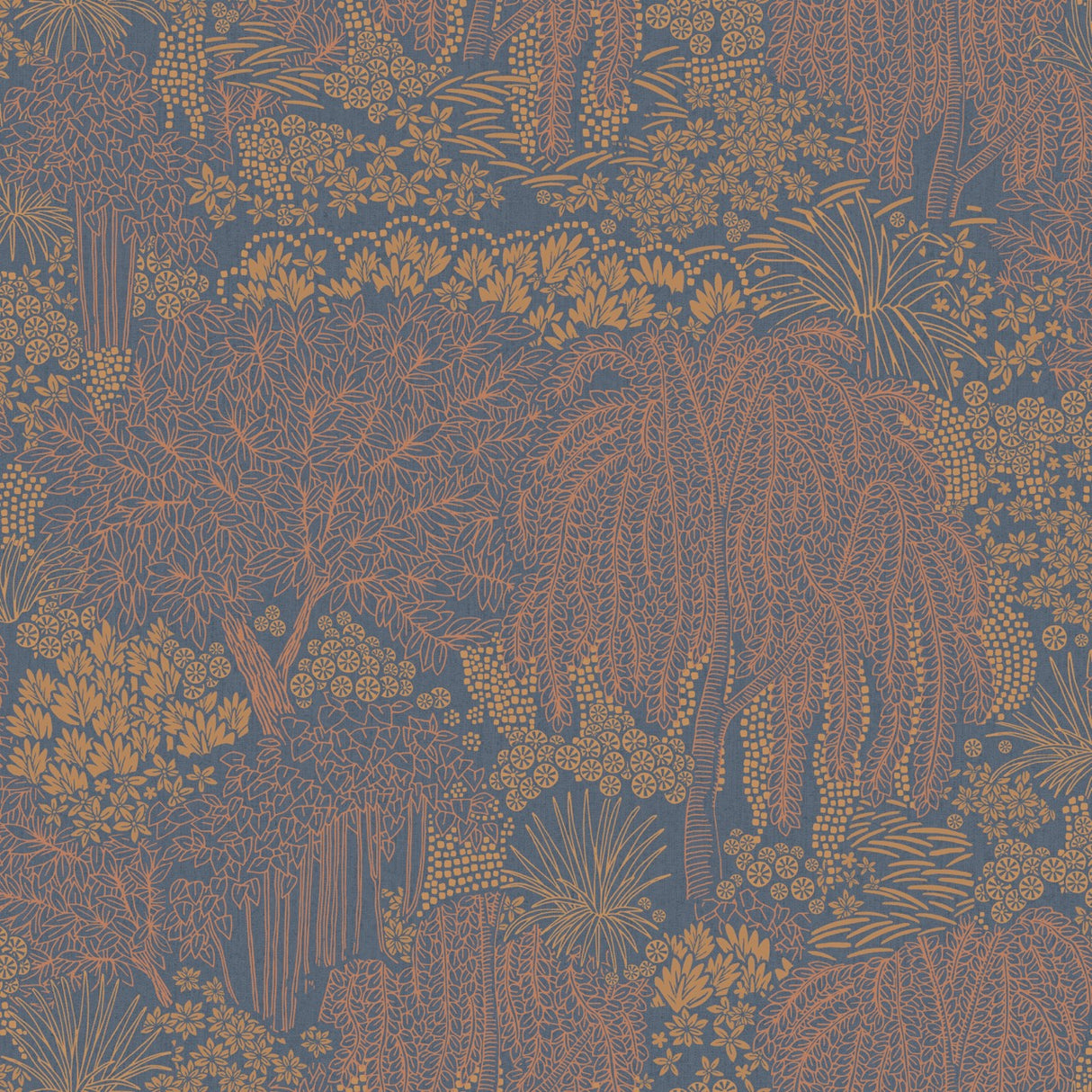 Willow Whisper Dark Blue wallpaper with metallic botanical and willow tree pattern on navy ground