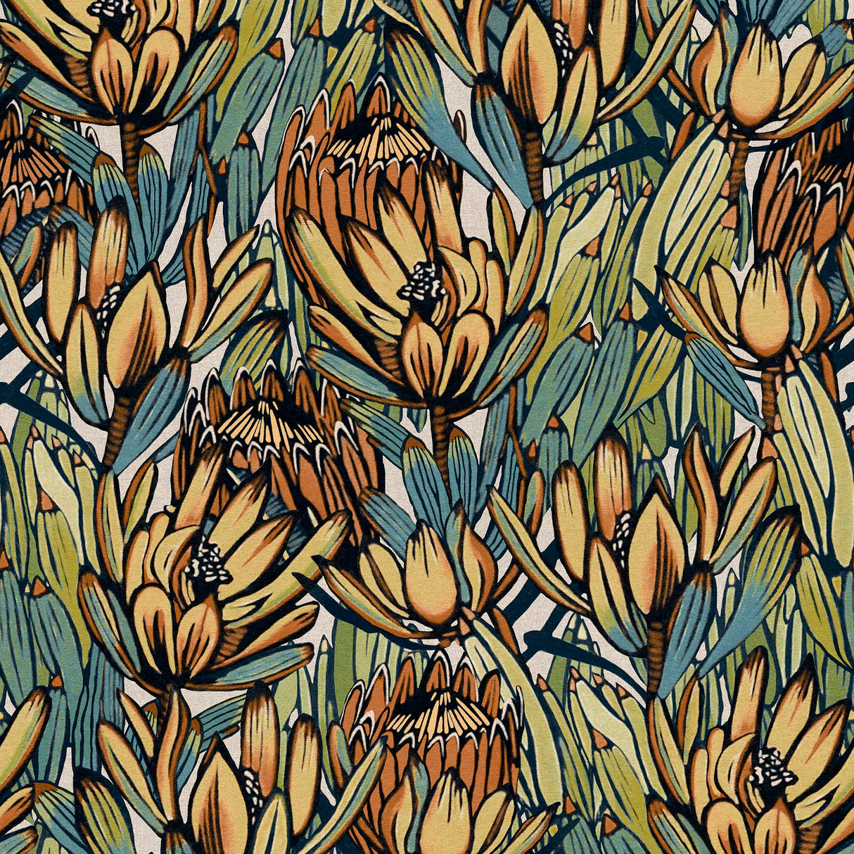 Copacabana Beige and Blue floral non-woven wallpaper roll and room scene