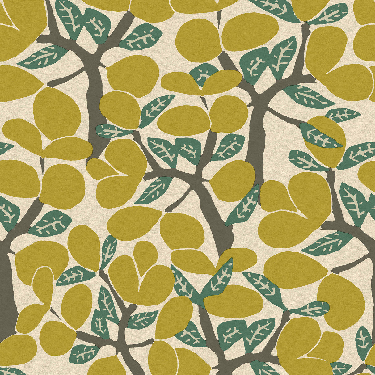 Janneiro Botanica Citron non-woven wallpaper with stylized foliage in yellow and green