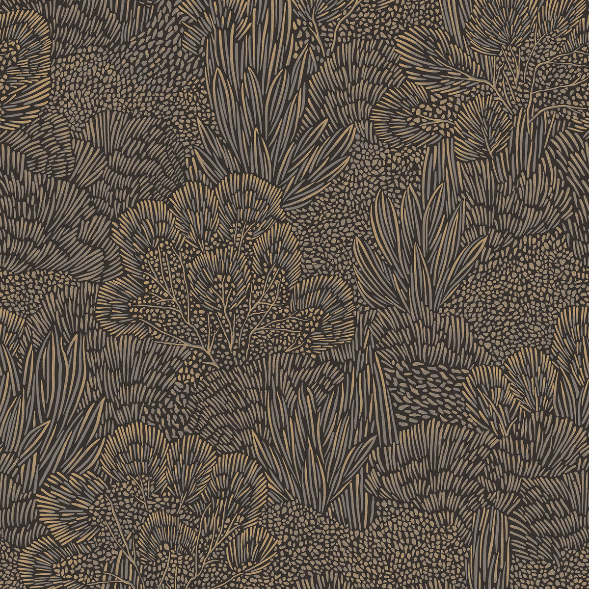 Samba Botanica Black and Gold botanical wallpaper sample with intricate foliage lines.
