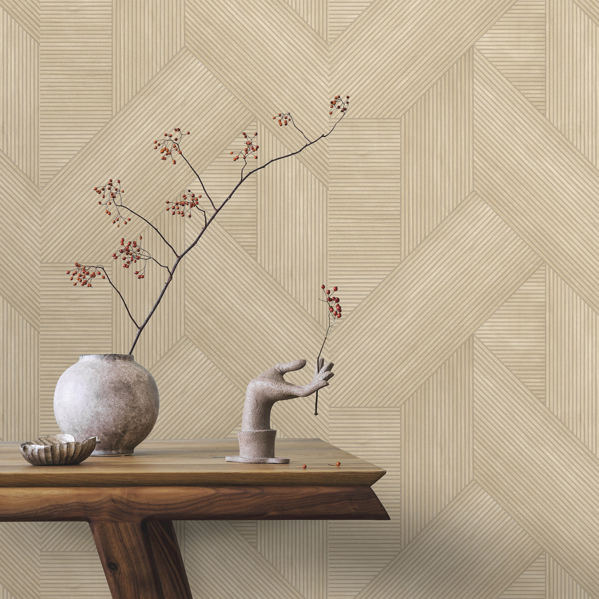 Sculpted Chevron Wood Panels Beige by Veer Decor Textured Geometric Wallpaper – Veer Decor 8252-AH1