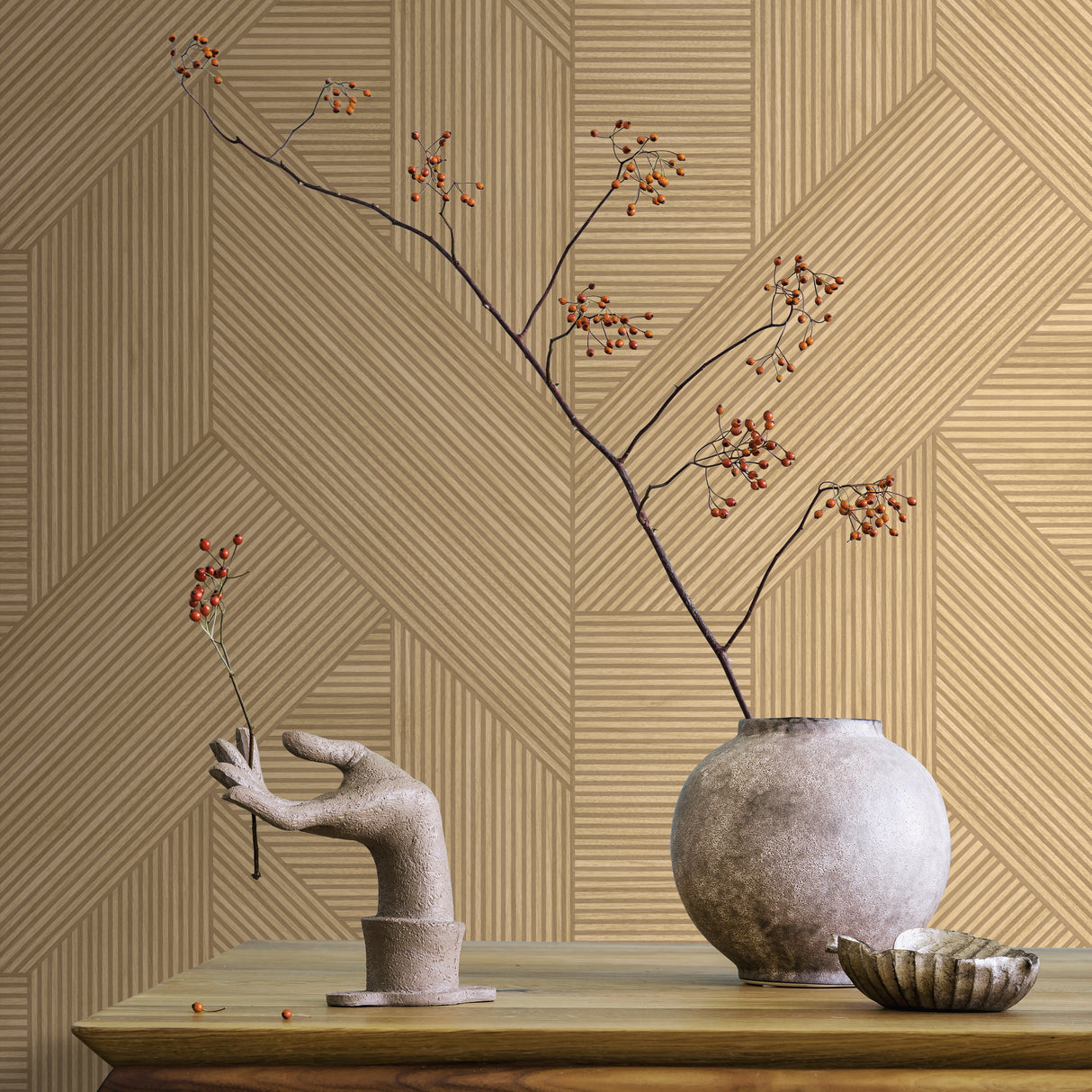 Sculpted Chevron Wood Panels Tan by Veer Decor Abstract Textured Wallpaper – Veer Decor 8252-AH2