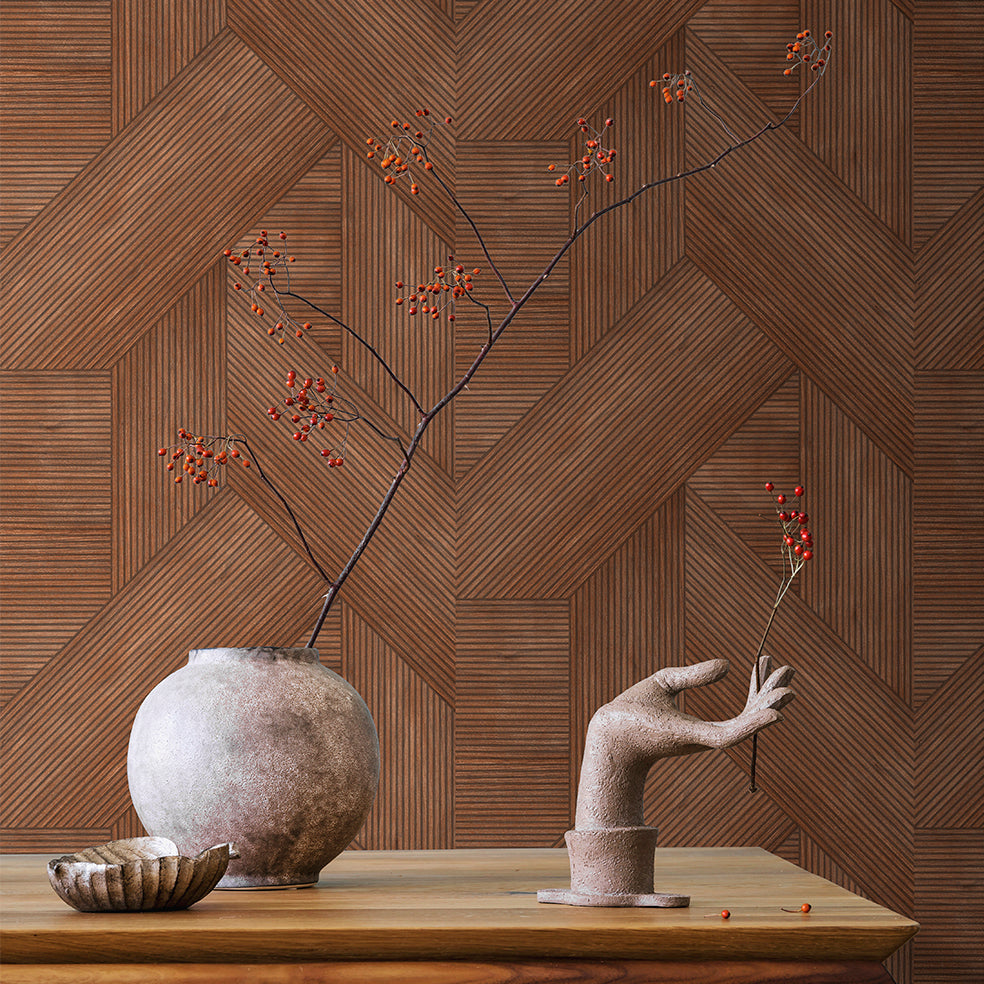 Sculpted Chevron Wood Panels Red by Wallpaper – Veer Decor 8252-AH3