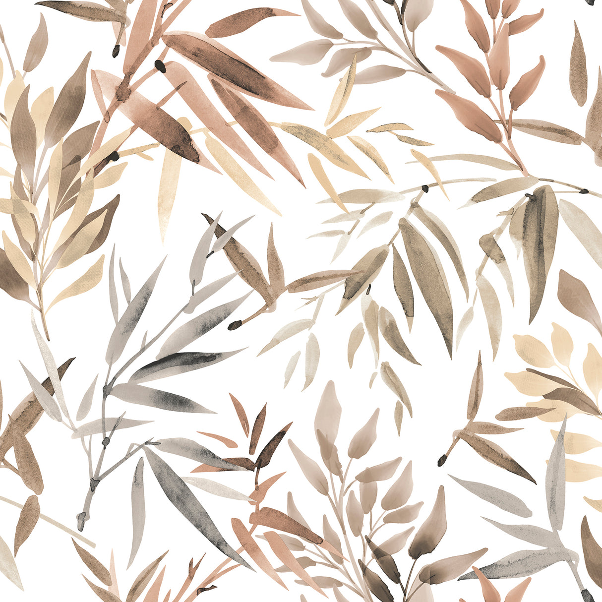 Painted Canopy Red wallpaper with watercolor bamboo leaves in warm neutrals