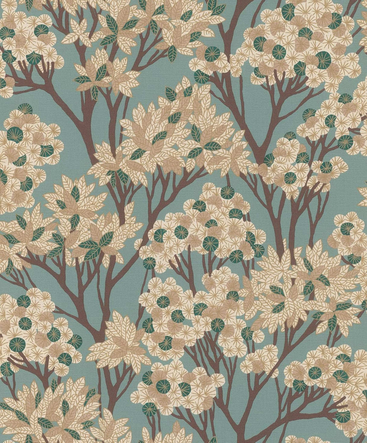 Rasch Stickley Sky Blue tree wallpaper roll and room scene