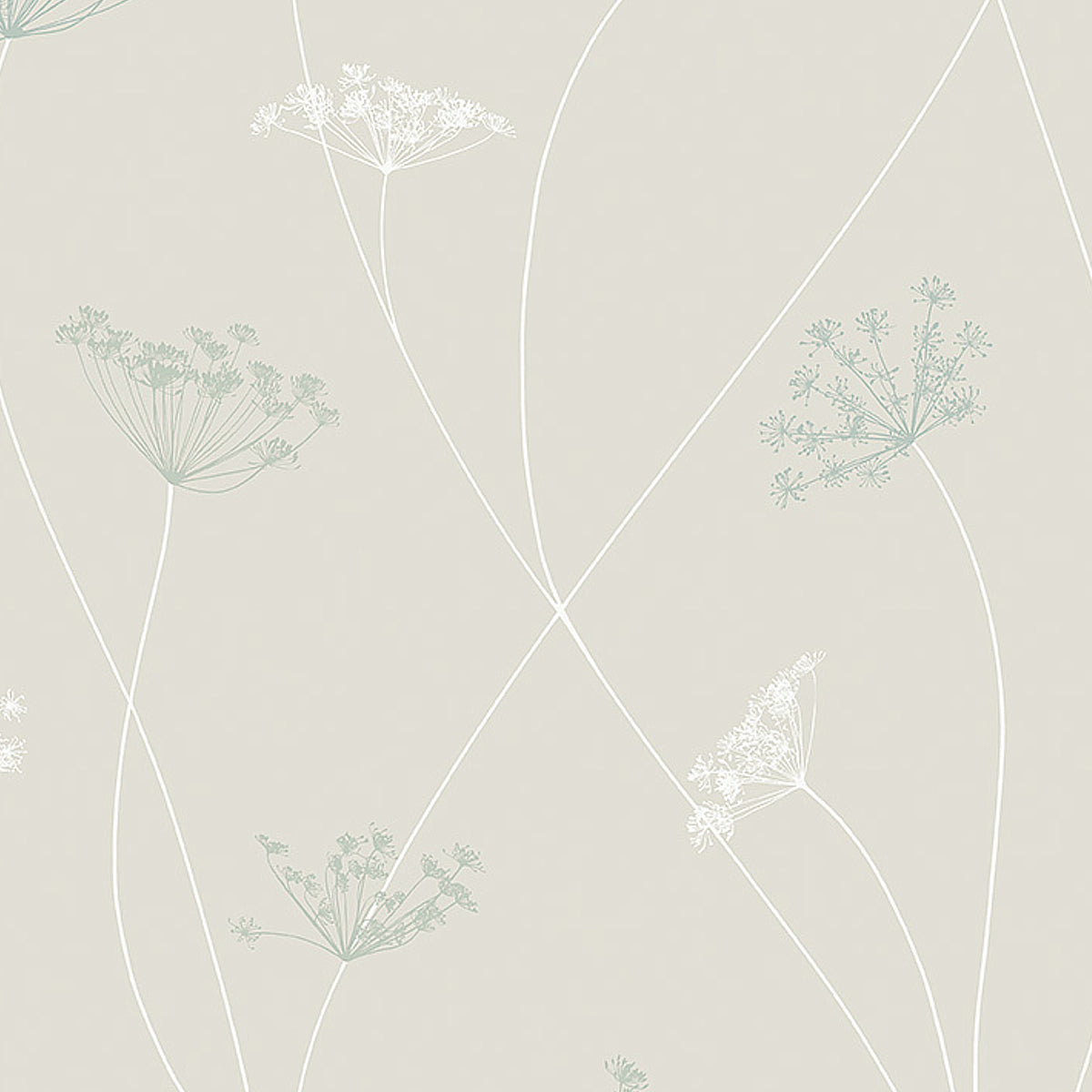 Queen Anne's lace floral wallpaper in a soft stone colorway by Boråstapeter for Schumacher, shown in detail and styled in a modern interior.