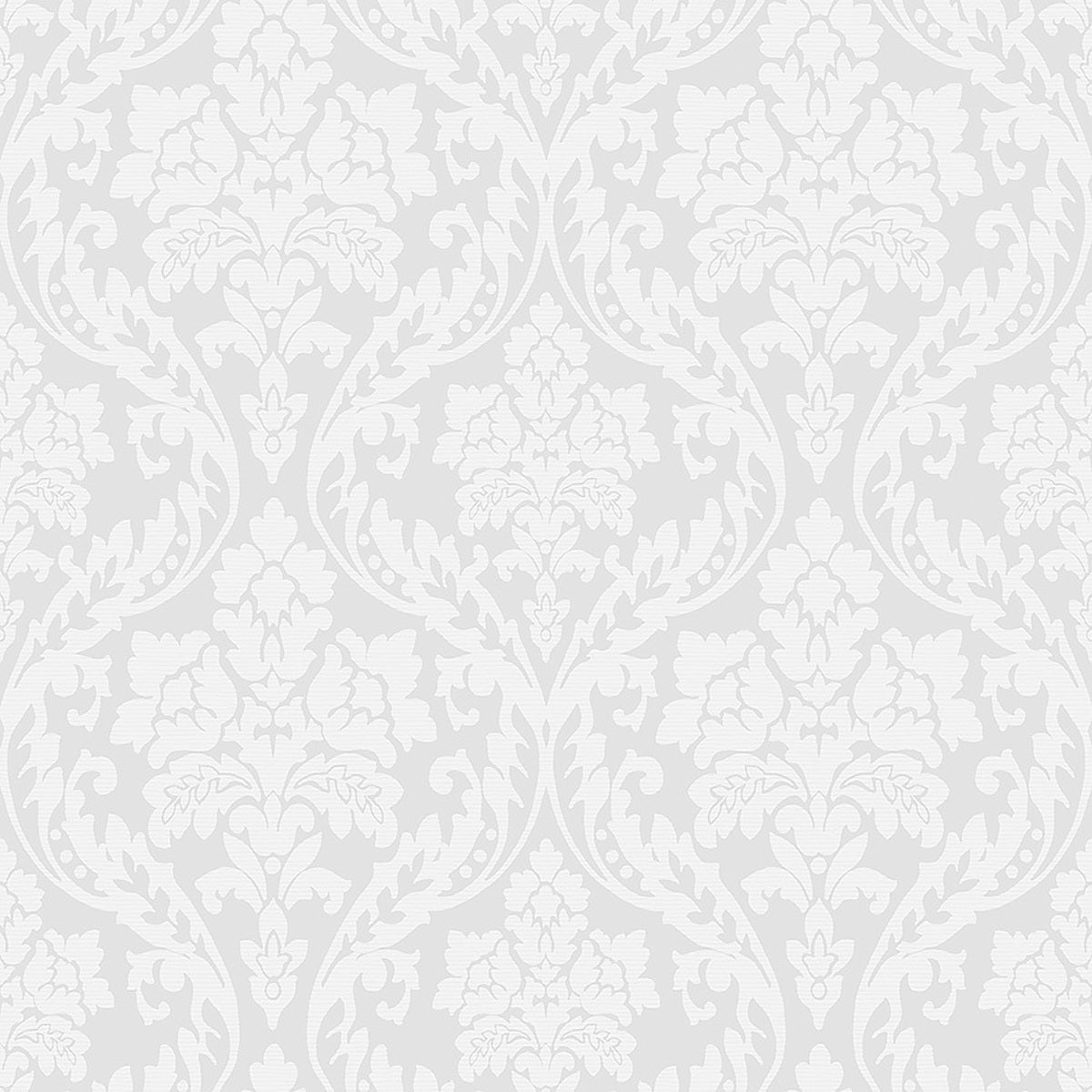Firenze grey damask wallpaper by Boråstapeter for Schumacher, shown in a modern bedroom interior and close-up pattern view.