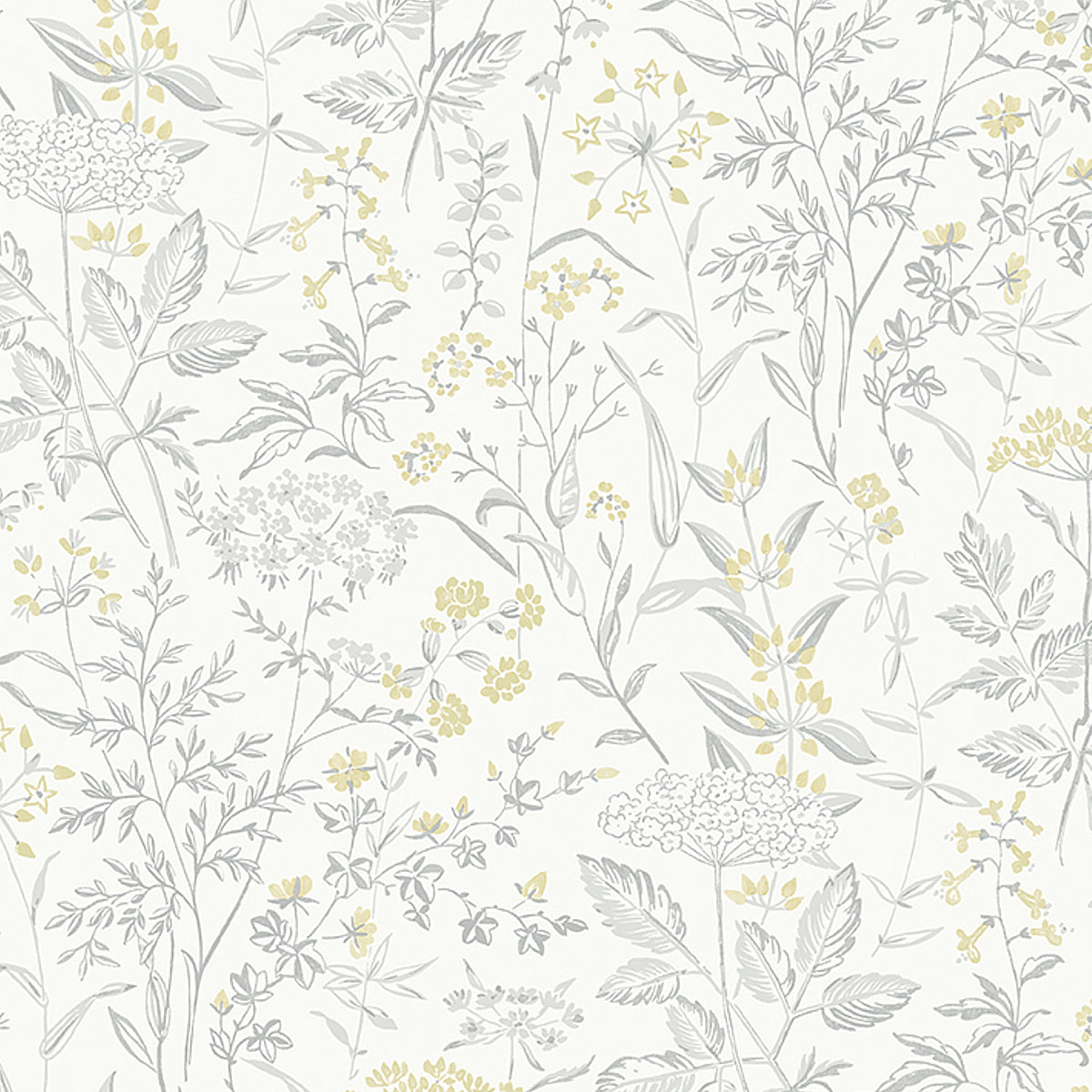 Delicate Dance wallpaper in grey and yellow by Boråstapeter for Schumacher, featuring Queen Anne's lace and wildflowers.