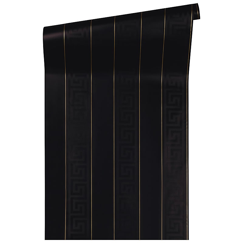 Valor Jet by Versace Volume 5 27.5" Wide Heavyweight Greek Key Gloss Vinyl Wallpaper – Versace 935244X -Sample