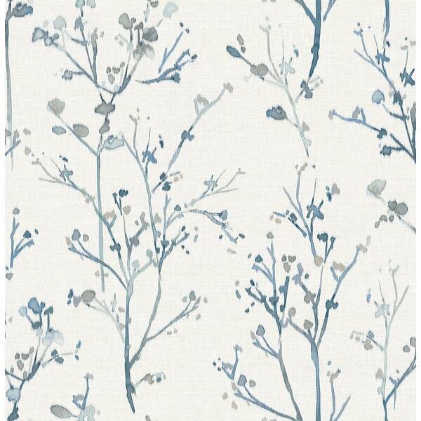 A-Street Prints Silverling Blue Budding Branches Wallpaper roll showing blue watercolor branches on cream background