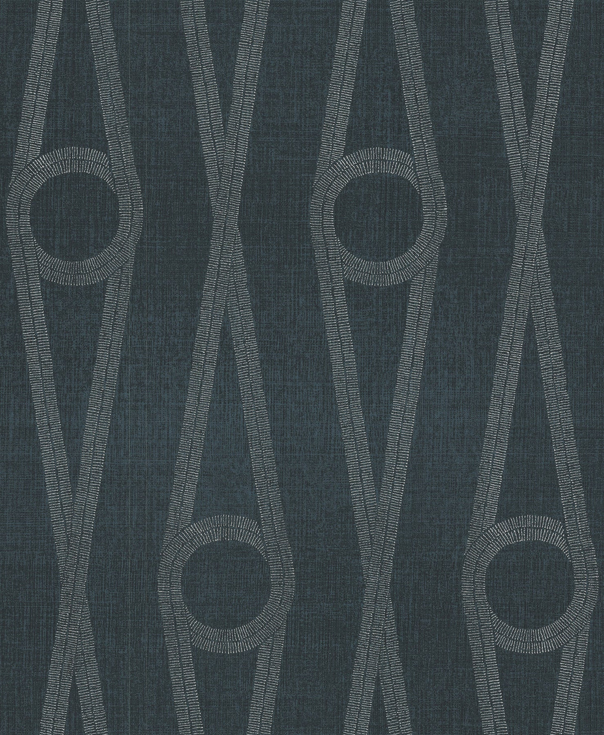 Antonina Vella Henlein Indigo wallpaper with metallic ogee pattern on indigo linen-look ground