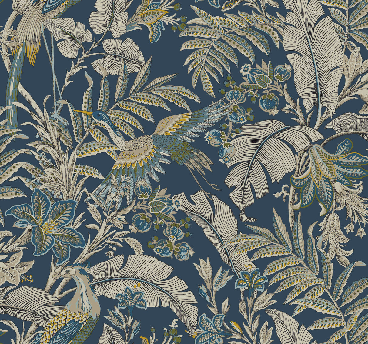 Heronwood Navy Wallpaper by Antonina Vella - Tropical Heron and Botanical Pattern on Navy Background - AB3103