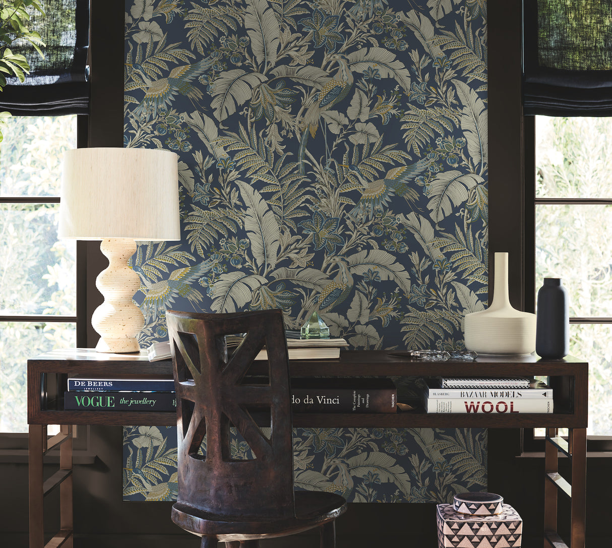 Heronwood Navy by Antonina Vella Richly Illustrated Exotic Tropical Heron and Botanical Traditional Wallpaper - Artifacts Collection - AB3103