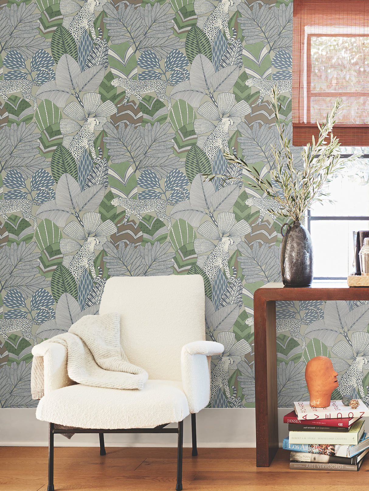 Namiri Blue by Antonina Vella Artifacts Collection Eclectic Tropical Leopard and Lush Foliage Non Woven Wallpaper - AB3115