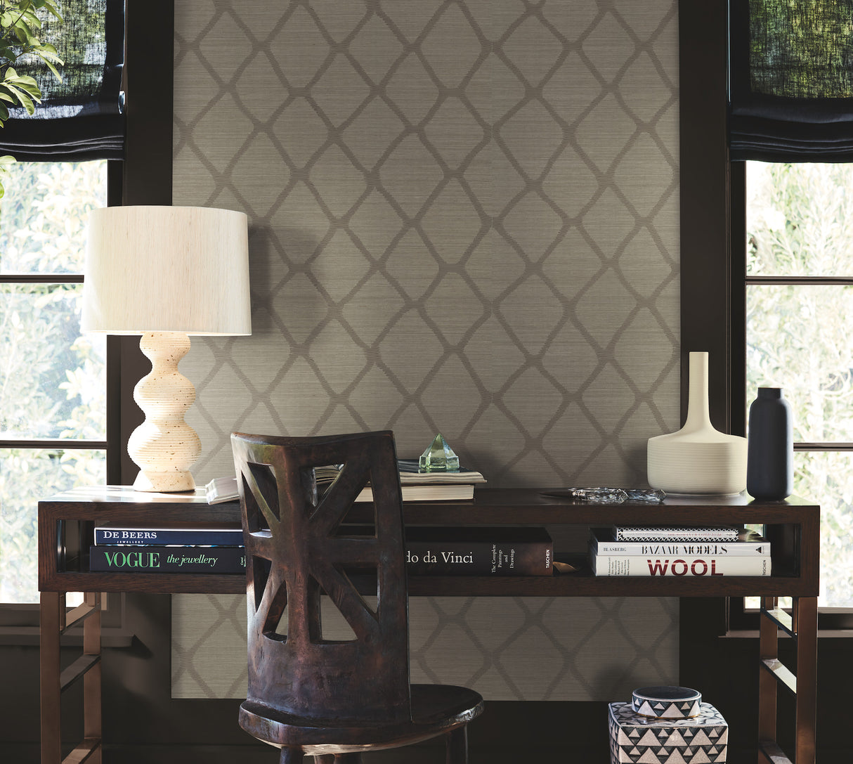 Tonga Taupe by Antonina Vella Trellis Grasscloth Wallpaper – York Designer Series AB3123