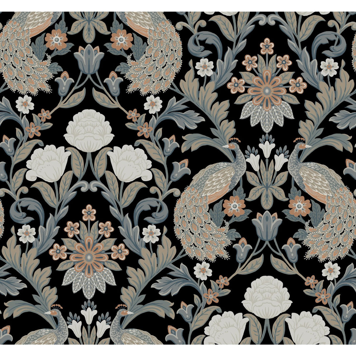 Plume Dynasty Black Wallpaper with Peacock Damask Motif - York AC9101