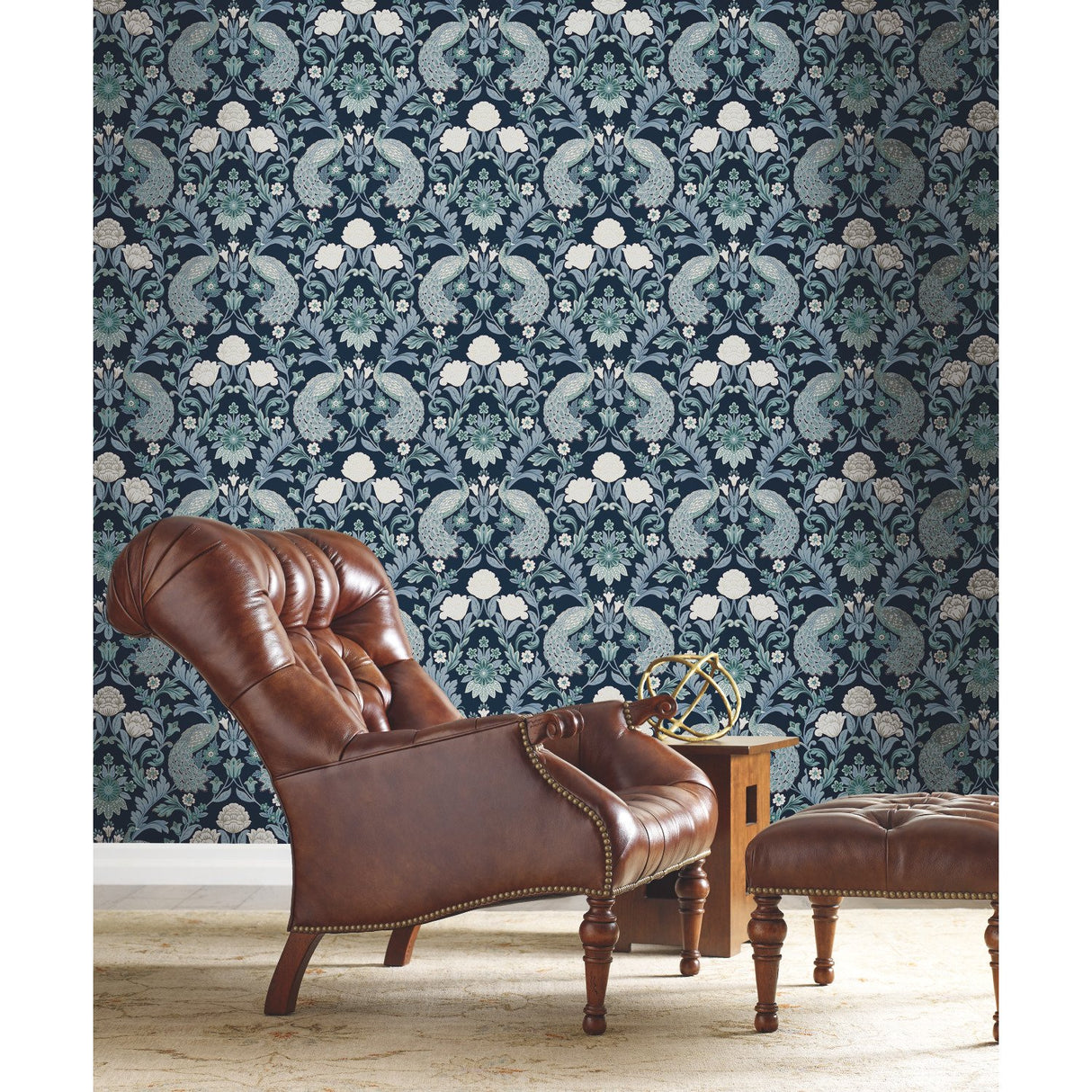 Plume Dynasty Navy Wallpaper with Peacock Damask Motif - York AC9103