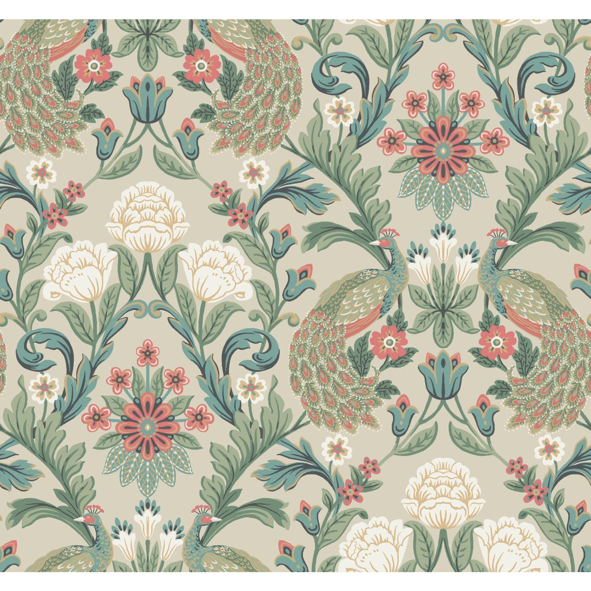 Plume Dynasty Taupe Wallpaper with Peacock Damask Motif - York AC9104