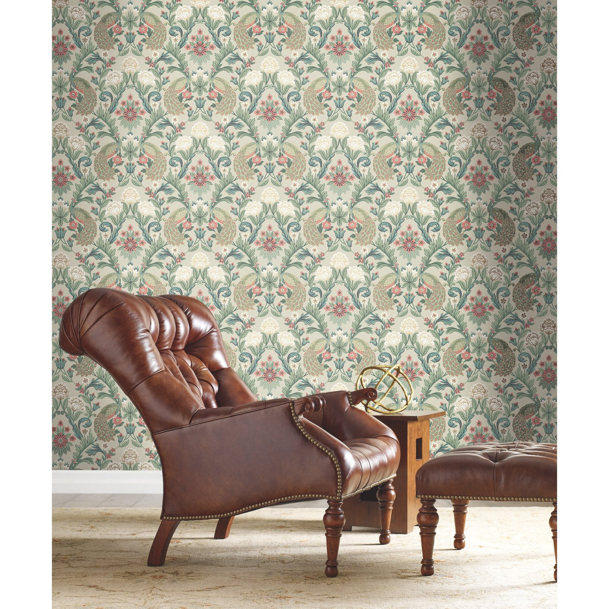 Plume Dynasty Taupe Wallpaper with Peacock Damask Motif - York AC9104