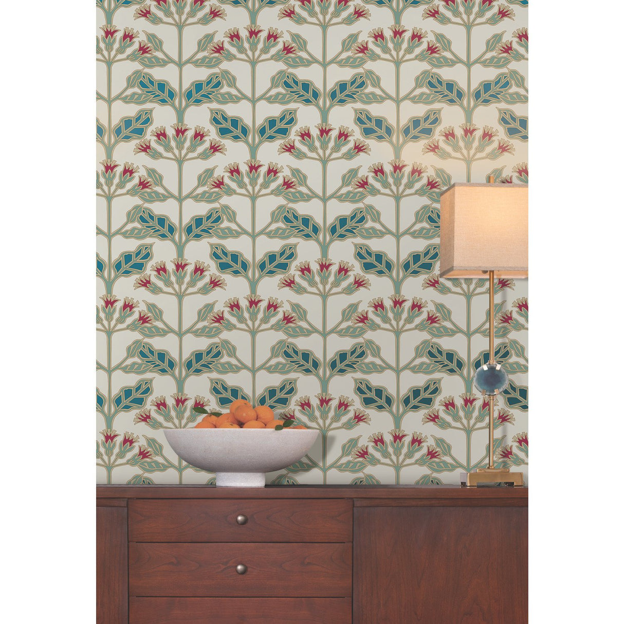 Tracery Blooms Cream Metallic Wallpaper with Arts and Crafts Floral Motif - York AC9111
