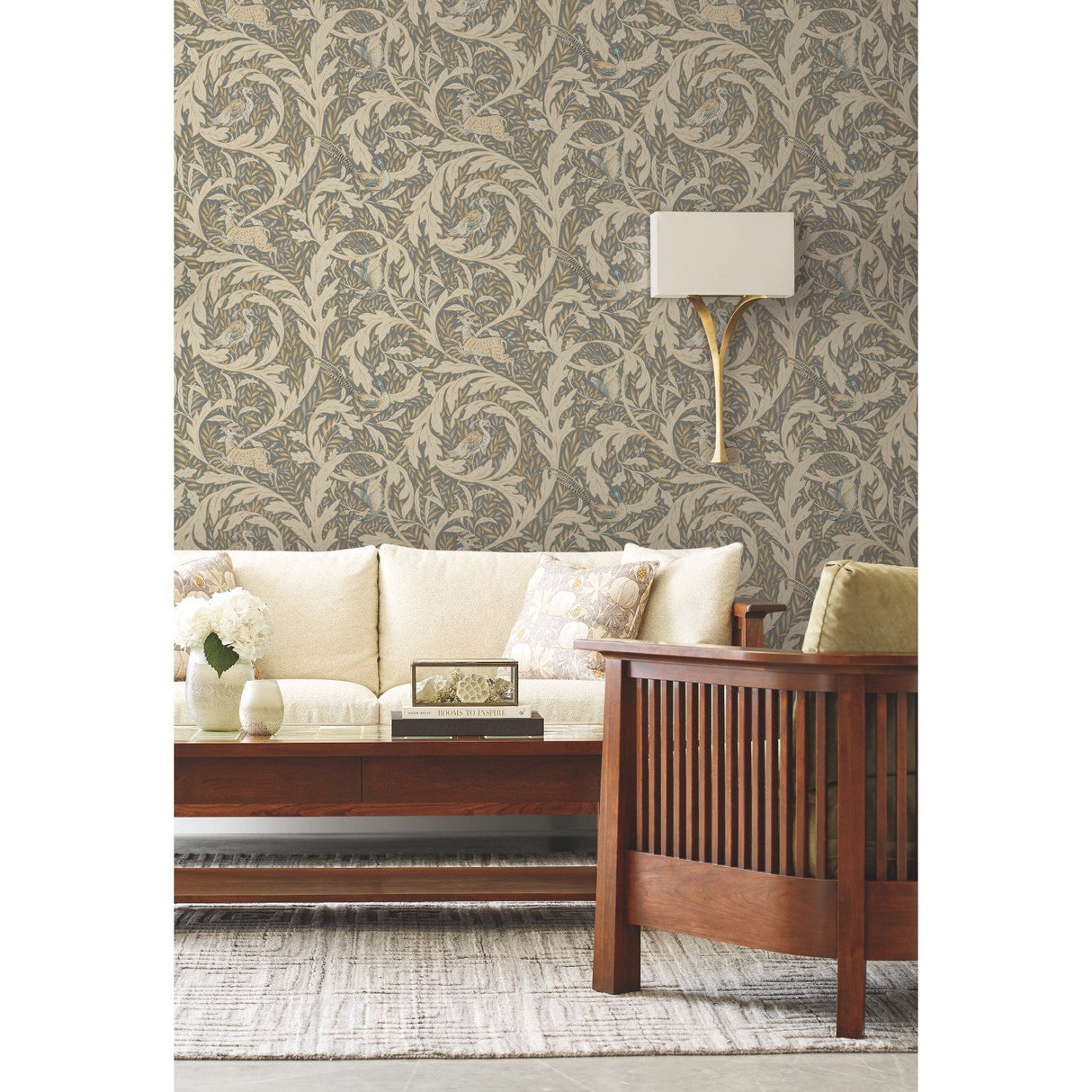 Woodland Tapestry Neutral Metallic Wallpaper with Botanical Animals Motif - York AC9123