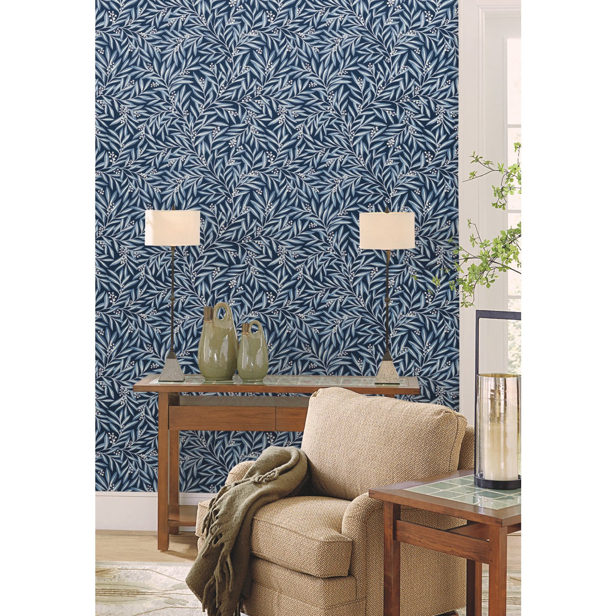 Rowan Navy Wallpaper with Botanical Berry and Leaf Motif - York AC9133