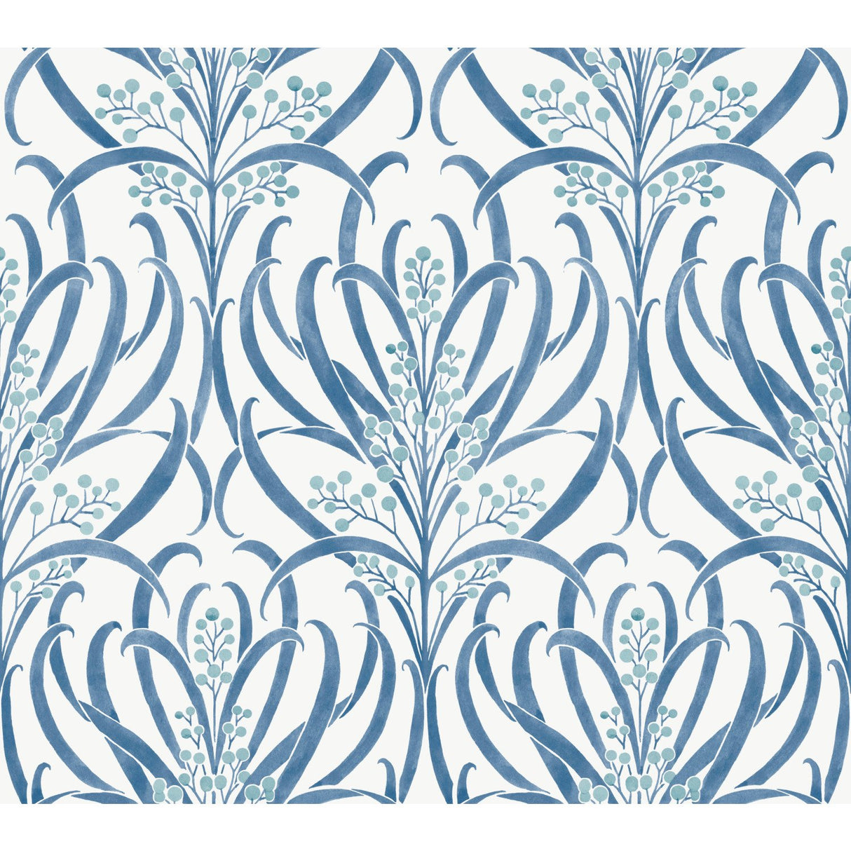 Calluna White & Blue Metallic Wallpaper with Floral Arts & Crafts Motif - York AC9143