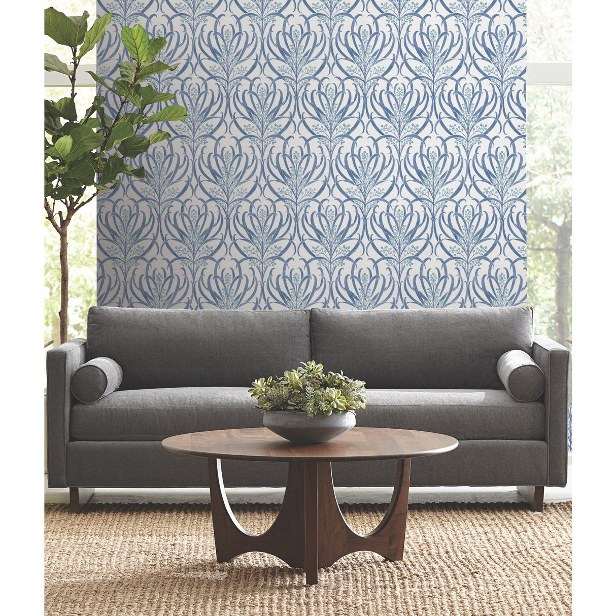 Calluna White & Blue Metallic Wallpaper with Floral Arts & Crafts Motif - York AC9143