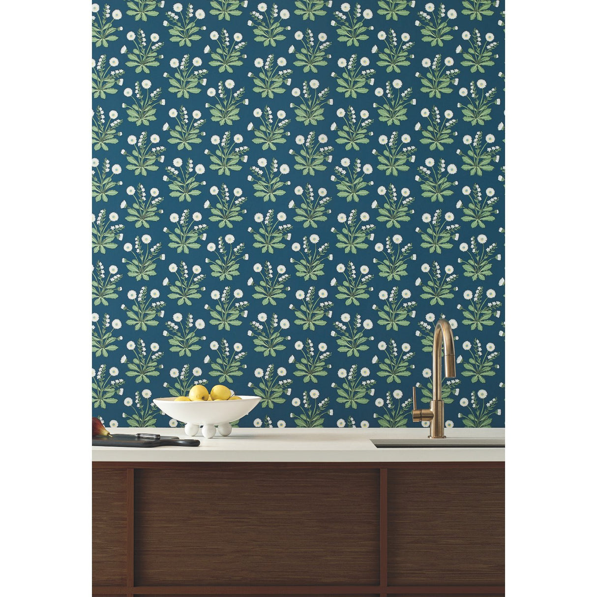 Meadow Flowers Navy & White Wallpaper with Floral Botanical Motif - York AC9151