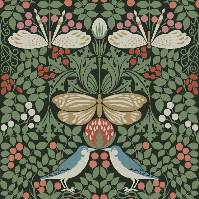 Butterfly Garden Green Metallic Wallpaper with Botanical Birds and Butterflies Pattern - York AC9161