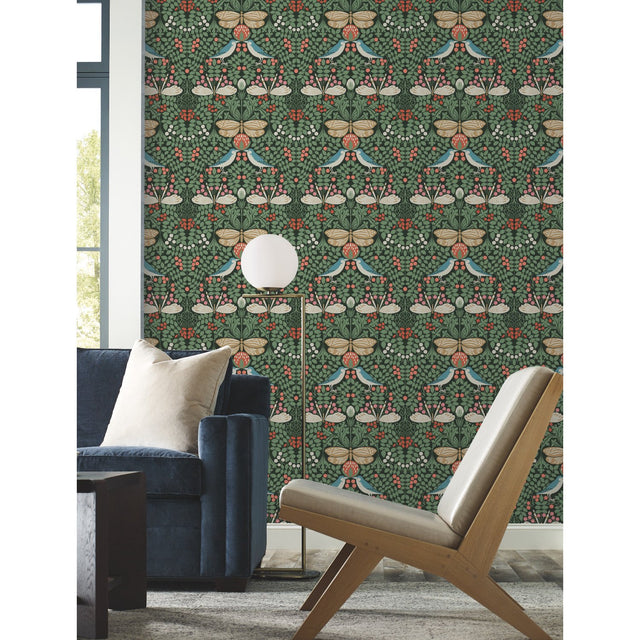 Butterfly Garden Green Metallic Wallpaper with Botanical Birds and Butterflies Pattern - York AC9161
