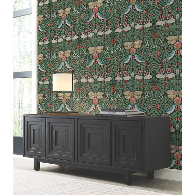 Butterfly Garden Green Metallic Wallpaper with Botanical Birds and Butterflies Pattern - York AC9161