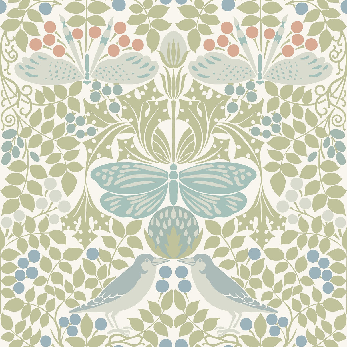 Butterfly Garden Green & Blue Wallpaper with Botanical Birds and Butterflies Motif - York AC9164
