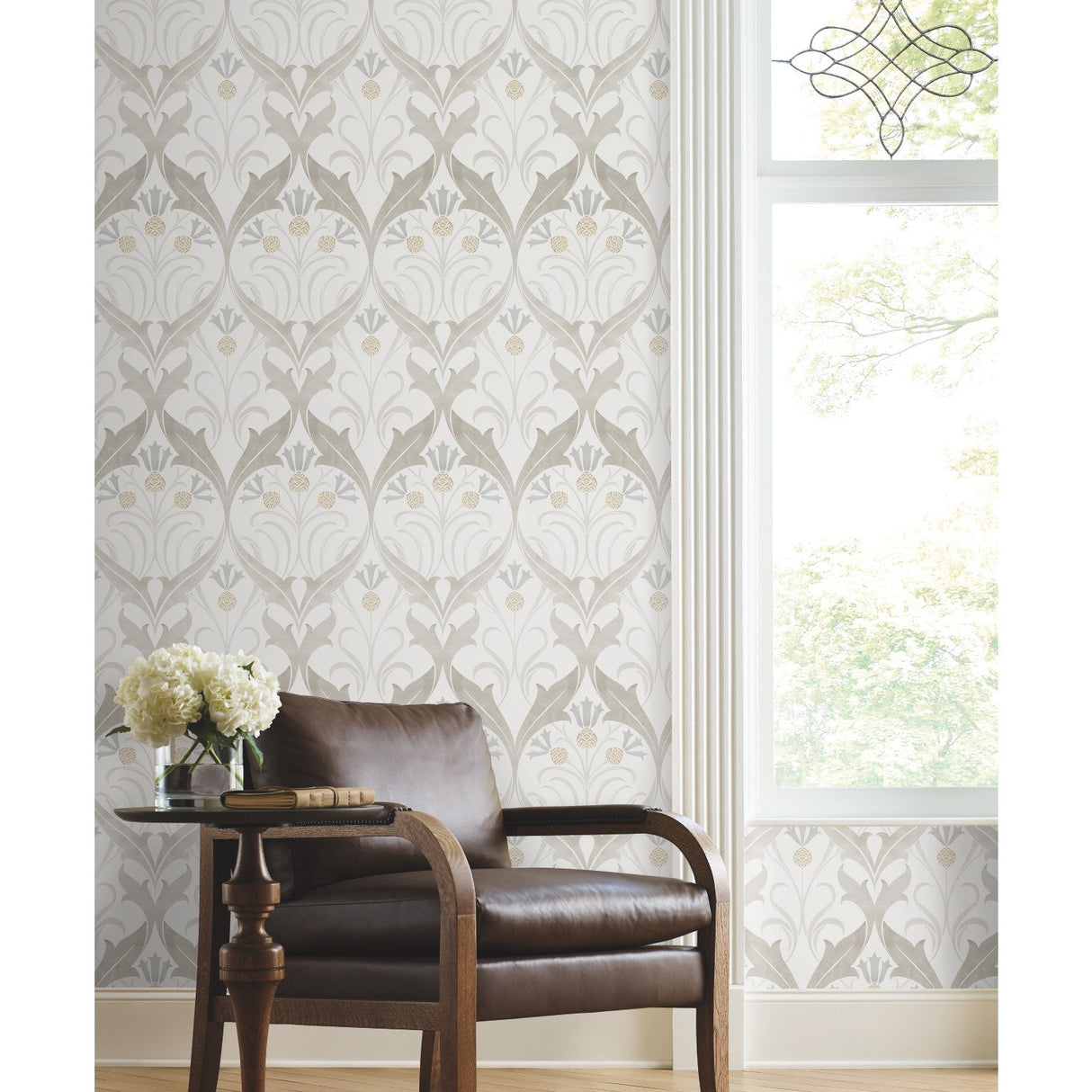Pine Cone Ribbon Neutral Wallpaper with Arts & Crafts Botanical Motif - York AC9172