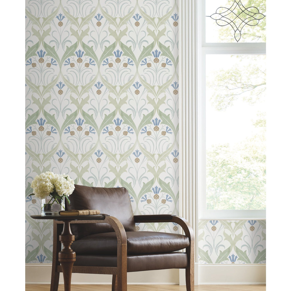 Pine Cone Ribbon Green & Blue Metallic Wallpaper with Arts and Crafts Botanical Motif - York AC9173